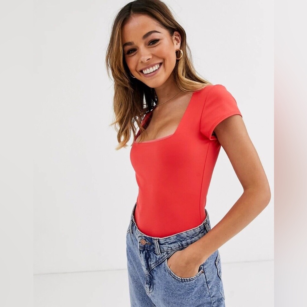 Free People Intimately Square Eyes Red Thong Bodysuit Size Small Square Neckline